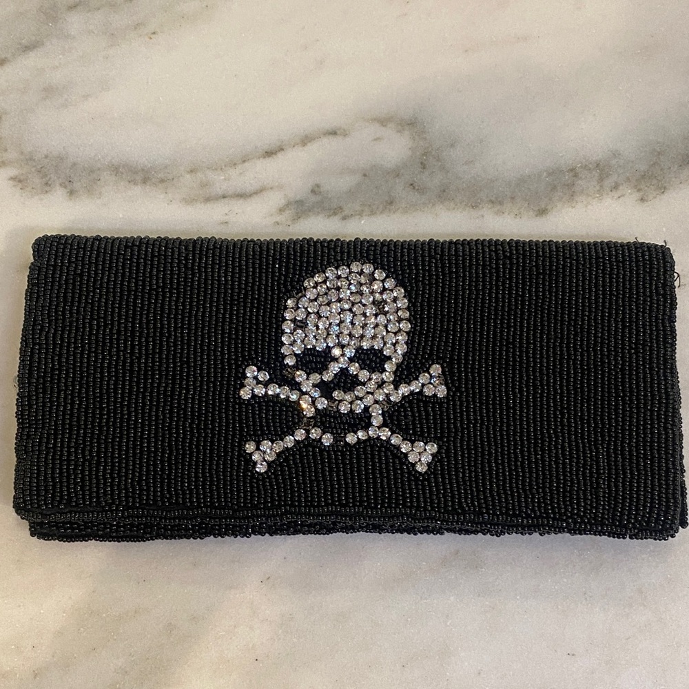 Authentic Betsey Johnson Black Beaded Skull Clutch